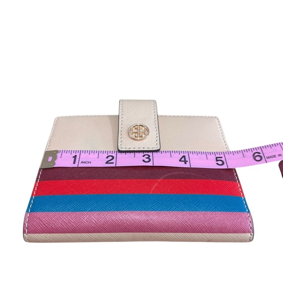 Tory Burch Robinson Multi-Stripe Small Bifold Wallet Beige Leather - Picture 7 of 10